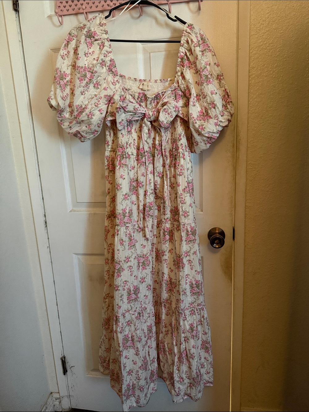 Floral Puff Sleeve Maxi Dress - Cream & Pink